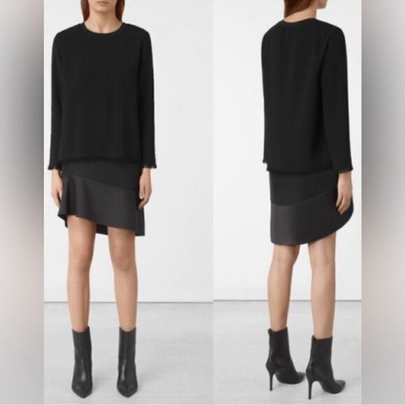All Saints Dresses & Skirts - All Saints Long Sleeve Black Mini Dress Layered Asymmetrical Hem Size 0